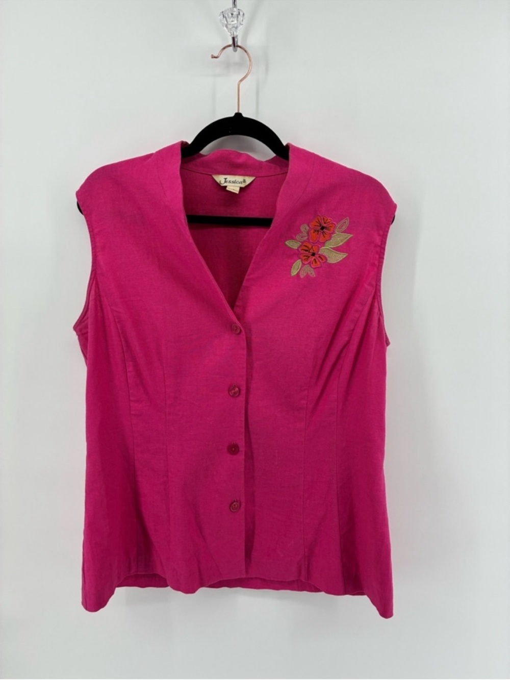 Linen Blend Bright Pink Button Front Sleeveless Top with Floral Embroidery